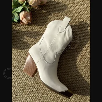 מתכת לבנה מכף רגל פרה ילד מגפי קרסול מוצק להחליק על גושי גבוה העקב נעלי נשים הצביעו נעלי אצבע 2023 פאטוס פארא Mujere