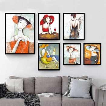 דמות האישה מצוירת מופשטת הביתה תפאורה קיר אמנות נורדי בד ציור טביעת הכלים פוסטר בר חדר השינה, הסלון התמונה