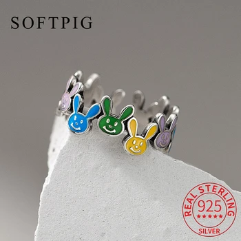 SOFTPIG אמיתי 925 כסף סטרלינג צבעוני צבע ארנב טבעת מתכווננת עבור נשים, מסיבת חיות חמודות בסדר תכשיטים ואביזרים