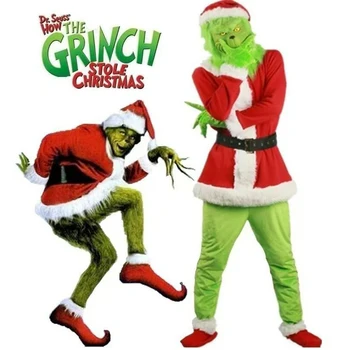 חג תחפושות ליל כל הקדושים חליפה לחג המולד תלבושות ירוק פרווה מפלצת מסיבת תחפושות למבוגרים, ילדים, גברים סטים עם המסכה