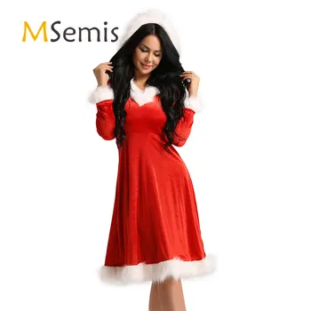 אדום Womens חג המולד קטיפה רך אמא בת מפואר שמלת סנטה קלאוס V-צוואר שרוול ארוך עם ברדס חג המולד המשפחה התאמת בגדים