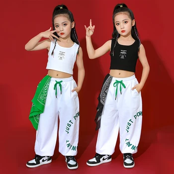 היפ הופ תרגול ביצועים תלבושת קיץ Hiphop תחפושות בנות Kpop ג ' אז ריקודים יבול וסט גג לבן מכנסי טרנינג